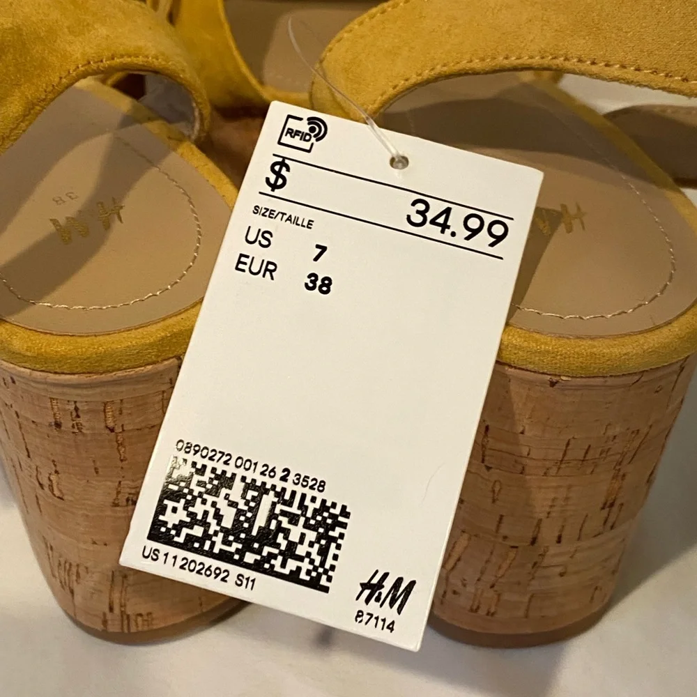 💛 H&M Yellow Cork Platform Wedge Sandals 💛 Size 7 - NEW - Picture 5 of 7